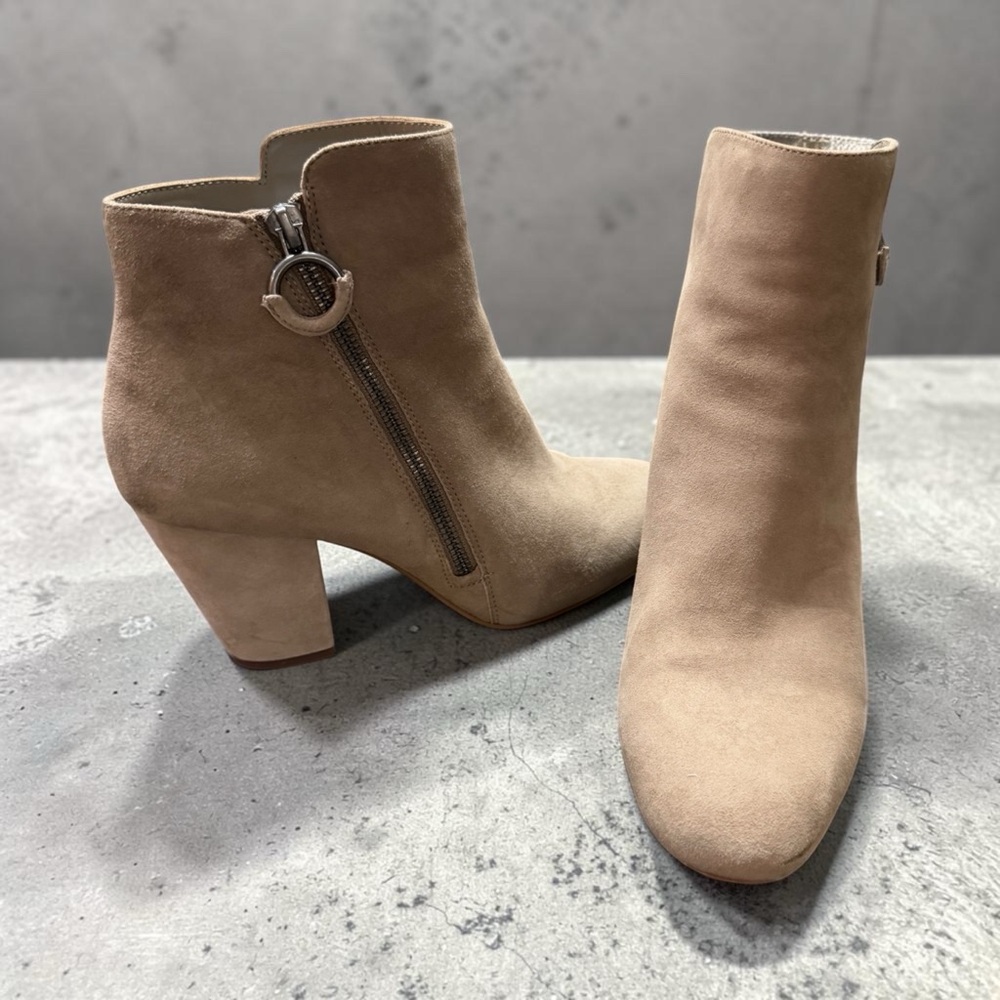 1. State Women's Tan Suede Ankle Booties with Ring Zip